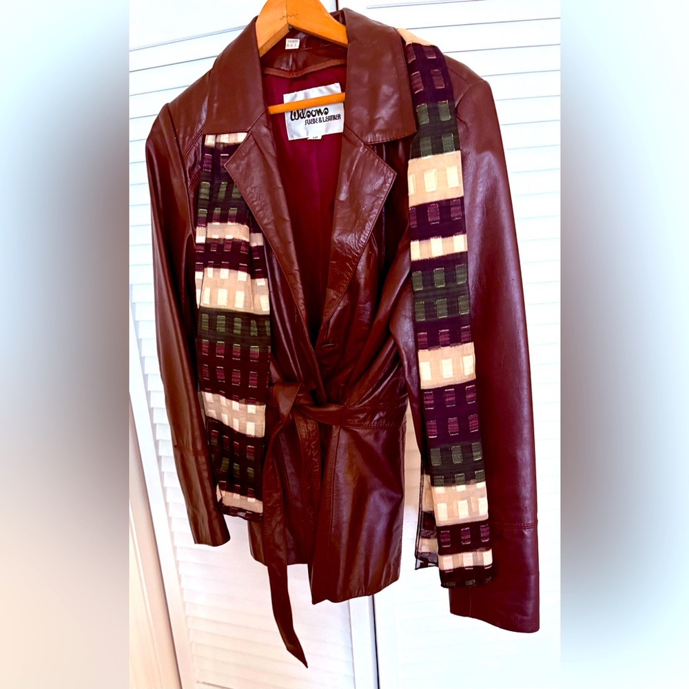 Wilson’s Brown  belted Leather Jacket.  Coordinated scarf available upon request